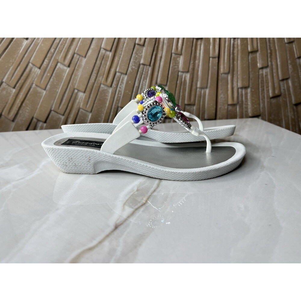 Grandco Sandals Jeweled White Flip Flops Slides Slip On Wedge Heel sz 6  Women